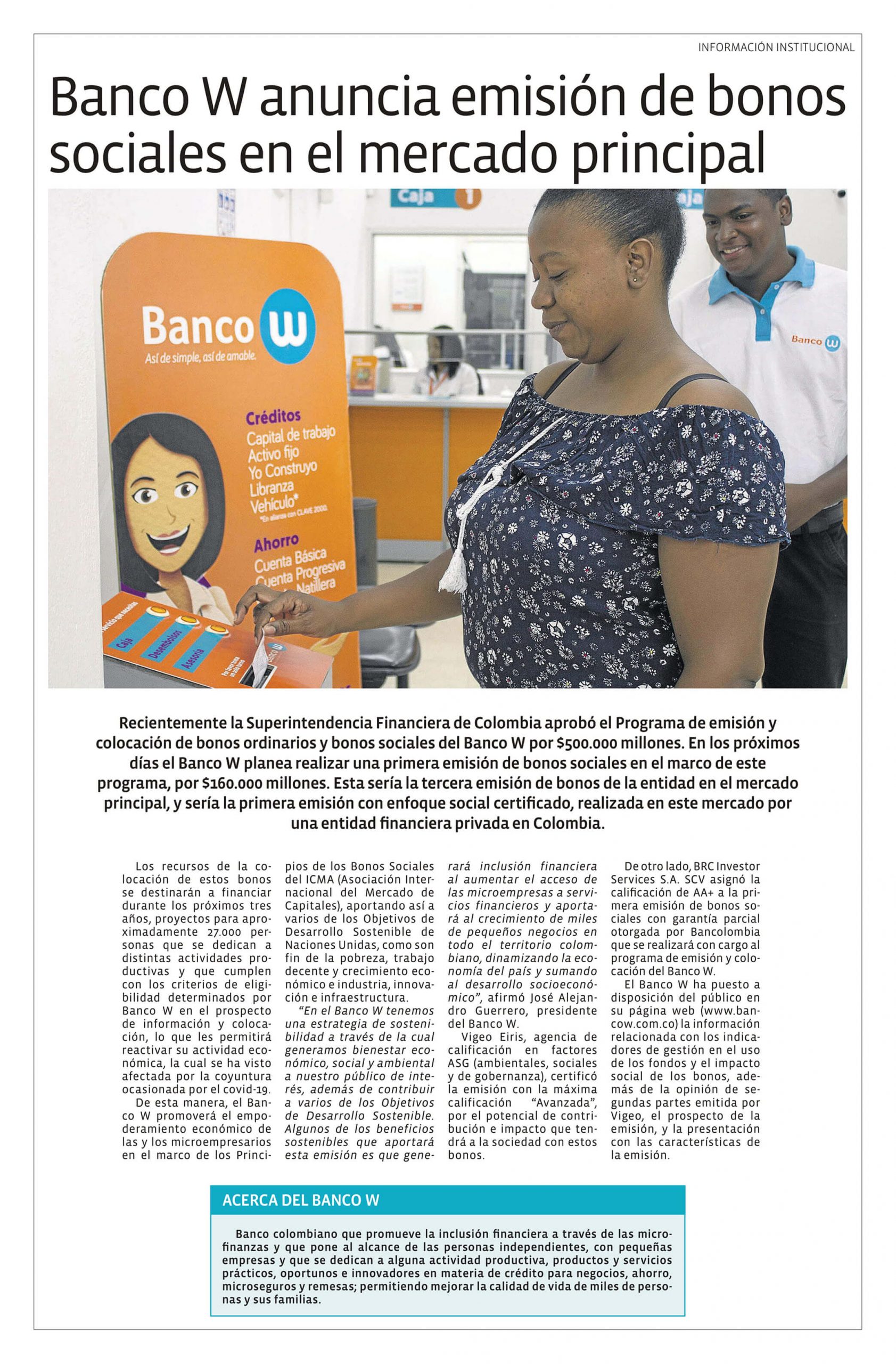 Banco W anuncia emisión de bonos sociales en el mercado principal.