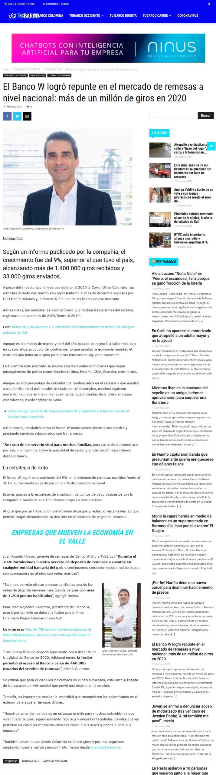 Banco W logró repunte en el mercado de remesas a nivel nacional: mas de un millón de giros en 2020.