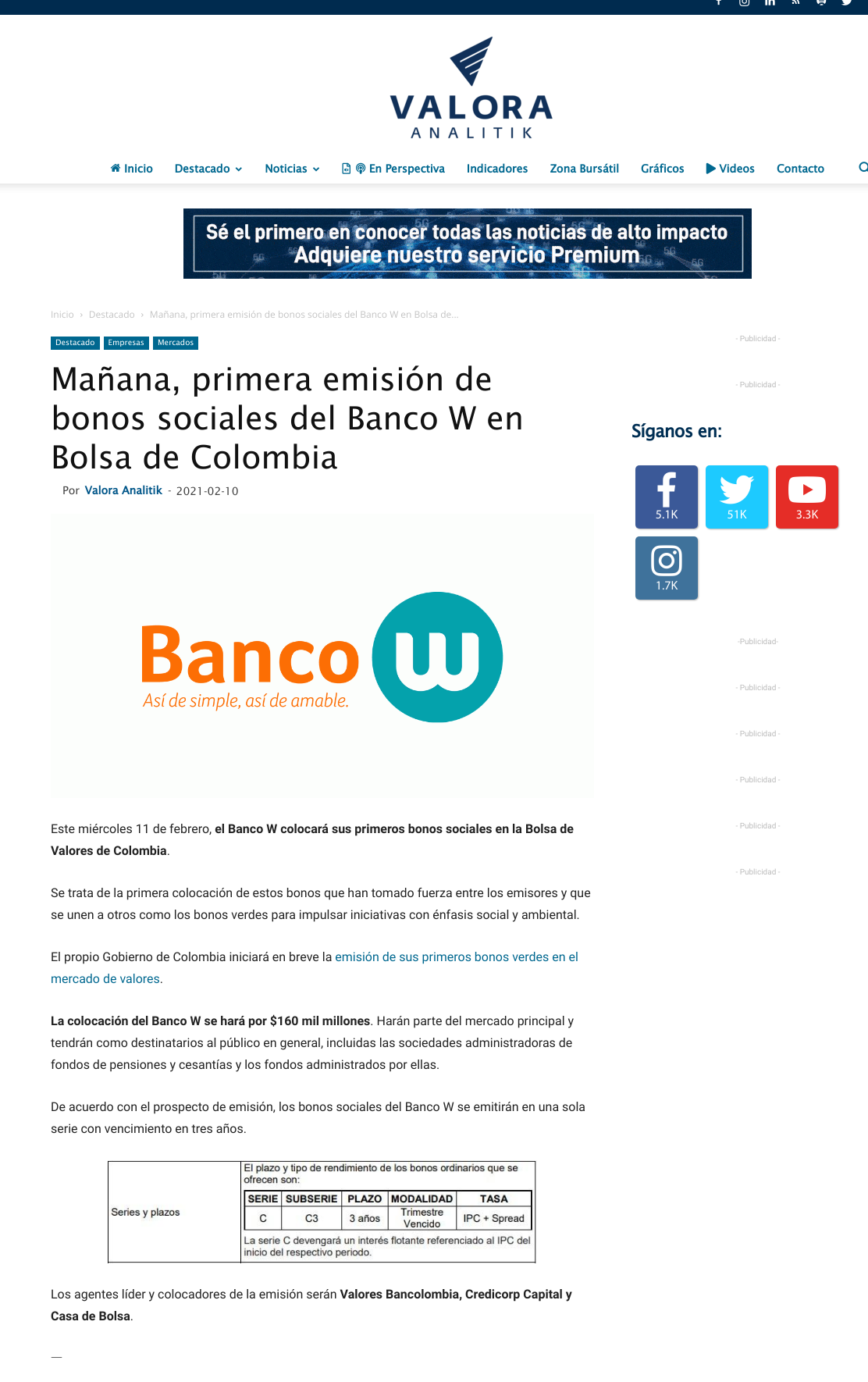 Mañana primera emisión de bonos sociales del Banco W en la Bolsa de Colombia.